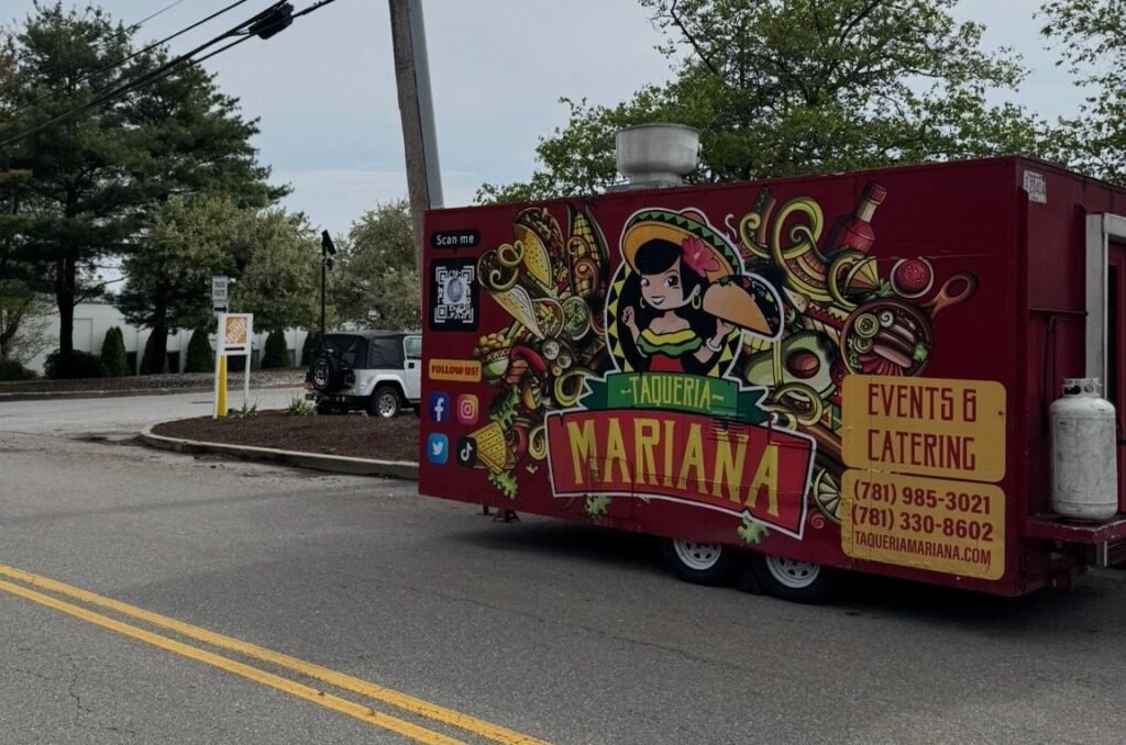 The Taqueria Mariana food truck parked near Home Depot in Waltham